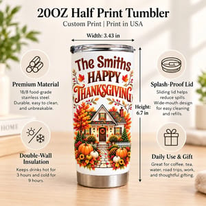 Personalized Thanksgiving Tumbler 20oz Custom Family Name, Happy Thanksgiving Travel Cup, Fall Turkey Drinkware, Family Holiday Gift