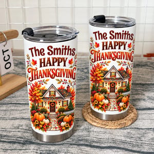Personalized Thanksgiving Tumbler 20oz Custom Family Name, Happy Thanksgiving Travel Cup, Fall Turkey Drinkware, Family Holiday Gift