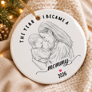 Personalized Round Ceramic Christmas Ornament 2 Sided Custom Name – Mom and Baby Keepsake, Motherhood First Christmas Gift, 2026 Holiday Tree Decor