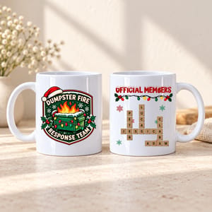 Personalized Mug with Funny Dumpster Fire Team Design, Red and Green Christmas Gift for Coworkers
