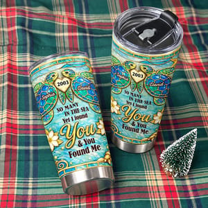 Custom Couple Tumbler 20oz with Names & Year, Personalized Sea Turtle Travel Cup, Ocean Love Anniversary Gift for Husband Wife