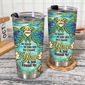 Custom Couple Tumbler 20oz with Names & Year, Personalized Sea Turtle Travel Cup, Ocean Love Anniversary Gift for Husband Wife