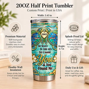 Custom Couple Tumbler 20oz with Names & Year, Personalized Sea Turtle Travel Cup, Ocean Love Anniversary Gift for Husband Wife