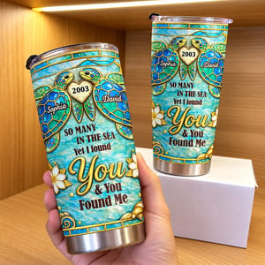 Custom Couple Tumbler 20oz with Names & Year, Personalized Sea Turtle Travel Cup, Ocean Love Anniversary Gift for Husband Wife