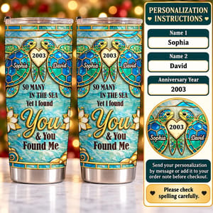Custom Couple Tumbler 20oz with Names & Year, Personalized Sea Turtle Travel Cup, Ocean Love Anniversary Gift for Husband Wife