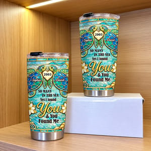 Custom Couple Tumbler 20oz with Names & Year, Personalized Sea Turtle Travel Cup, Ocean Love Anniversary Gift for Husband Wife