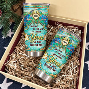 Custom Couple Tumbler 20oz with Names & Year, Personalized Sea Turtle Travel Cup, Ocean Love Anniversary Gift for Husband Wife