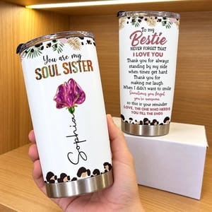 Personalized 20oz Tumbler Custom Name and Birth Flower – Soul Sister Bestie Gift, Floral Friendship Keepsake, Stainless Steel Travel Cup