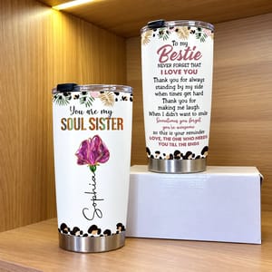 Personalized 20oz Tumbler Custom Name and Birth Flower – Soul Sister Bestie Gift, Floral Friendship Keepsake, Stainless Steel Travel Cup
