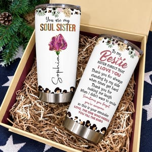 Personalized 20oz Tumbler Custom Name and Birth Flower – Soul Sister Bestie Gift, Floral Friendship Keepsake, Stainless Steel Travel Cup