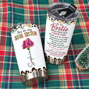 Personalized 20oz Tumbler Custom Name and Birth Flower – Soul Sister Bestie Gift, Floral Friendship Keepsake, Stainless Steel Travel Cup