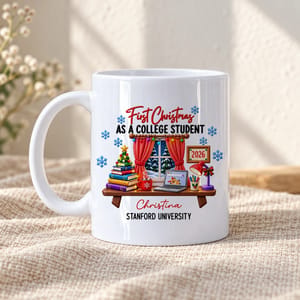 Personalized White Coffee Mug Custom Name and University – First Christmas as a College Student 2026, Student Holiday Gift