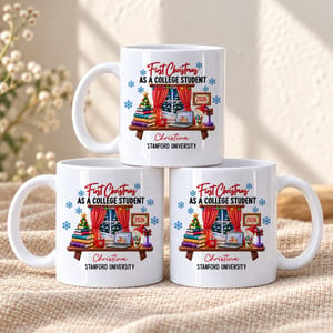 Personalized White Coffee Mug Custom Name and University – First Christmas as a College Student 2026, Student Holiday Gift