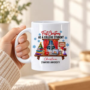 Personalized White Coffee Mug Custom Name and University – First Christmas as a College Student 2026, Student Holiday Gift