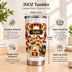 Personalized 20oz Tumbler Custom Name – Theater Lover Gift, Drama Stage Musical Theatre Stainless Steel Travel Cup, Actress Gift