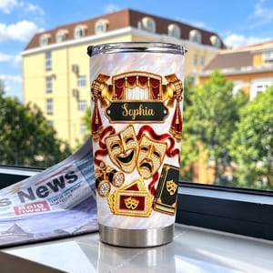 Personalized 20oz Tumbler Custom Name – Theater Lover Gift, Drama Stage Musical Theatre Stainless Steel Travel Cup, Actress Gift
