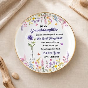 Personalized Ring Dish Custom Birth Flower and Name Granddaughter Gift Grandma Keepsake Jewelry Holder Floral Ring Tray Gift