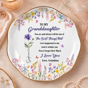 Personalized Ring Dish Custom Birth Flower and Name Granddaughter Gift Grandma Keepsake Jewelry Holder Floral Ring Tray Gift