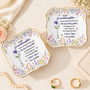 Personalized Ring Dish Custom Birth Flower and Name Granddaughter Gift Grandma Keepsake Jewelry Holder Floral Ring Tray Gift