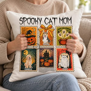Personalized Spooky Halloween Stamp Pillow - Custom Pet Photos and Names