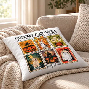 Personalized Spooky Halloween Stamp Pillow - Custom Pet Photos and Names