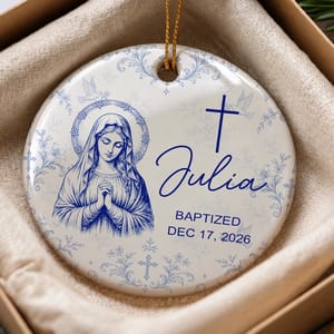 Custom Name & Date Baptism Glass Ornament, Personalized Christian Christmas Tree Decor, Jesus Mary Sacred Heart Keepsake, Religious Gift