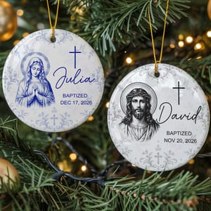 Custom Name & Date Baptism Glass Ornament, Personalized Christian Christmas Tree Decor, Jesus Mary Sacred Heart Keepsake, Religious Gift