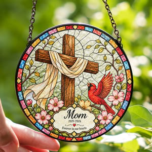 Personalized Round Stained Glass Suncatcher – Memorial Mom Keepsake, Forever In Our Hearts Christian Cross Window Hanging Gift
