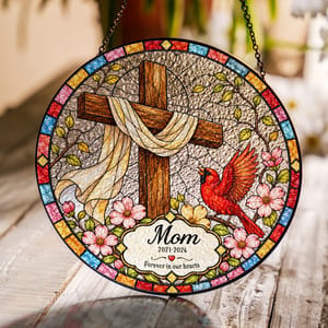 Personalized Round Stained Glass Suncatcher – Memorial Mom Keepsake, Forever In Our Hearts Christian Cross Window Hanging Gift