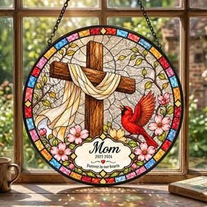 Personalized Round Stained Glass Suncatcher – Memorial Mom Keepsake, Forever In Our Hearts Christian Cross Window Hanging Gift