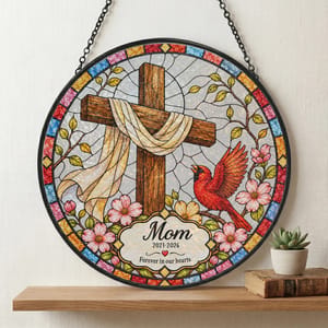 Personalized Round Stained Glass Suncatcher – Memorial Mom Keepsake, Forever In Our Hearts Christian Cross Window Hanging Gift