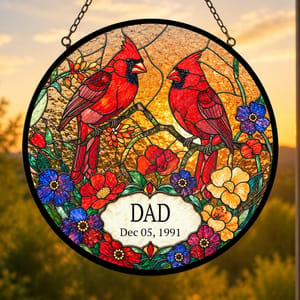Personalized Dad Suncatcher Custom Title & Date, Cardinal Bird Stained Glass Window Decor, Colorful Floral Sun Catcher, Meaningful Gift for Dad