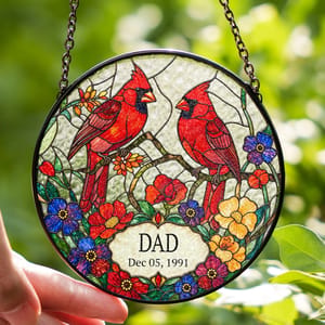Personalized Dad Suncatcher Custom Title & Date, Cardinal Bird Stained Glass Window Decor, Colorful Floral Sun Catcher, Meaningful Gift for Dad