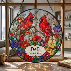 Personalized Dad Suncatcher Custom Title & Date, Cardinal Bird Stained Glass Window Decor, Colorful Floral Sun Catcher, Meaningful Gift for Dad
