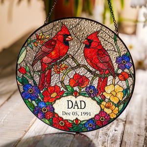 Personalized Dad Suncatcher Custom Title & Date, Cardinal Bird Stained Glass Window Decor, Colorful Floral Sun Catcher, Meaningful Gift for Dad