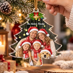 Custom Family Photo to Christmas Illustration with Santa Hats - Personalized Acrylic Christmas Tree Ornament
