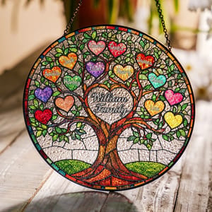 Personalized Family Tree of Life Stained Glass Suncatcher – Custom Family Names & Heart Leaves, Family Window Hanging Decor, Gift for Mom & Grandma
