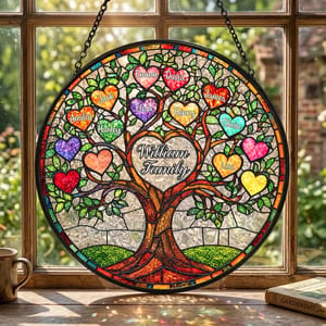 Personalized Family Tree of Life Stained Glass Suncatcher – Custom Family Names & Heart Leaves, Family Window Hanging Decor, Gift for Mom & Grandma