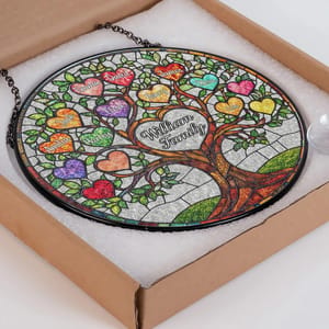 Personalized Family Tree of Life Stained Glass Suncatcher – Custom Family Names & Heart Leaves, Family Window Hanging Decor, Gift for Mom & Grandma