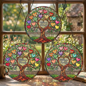 Personalized Family Tree of Life Stained Glass Suncatcher – Custom Family Names & Heart Leaves, Family Window Hanging Decor, Gift for Mom & Grandma