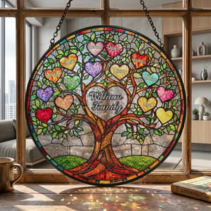 Personalized Family Tree of Life Stained Glass Suncatcher – Custom Family Names & Heart Leaves, Family Window Hanging Decor, Gift for Mom & Grandma