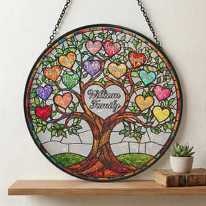 Personalized Family Tree of Life Stained Glass Suncatcher – Custom Family Names & Heart Leaves, Family Window Hanging Decor, Gift for Mom & Grandma