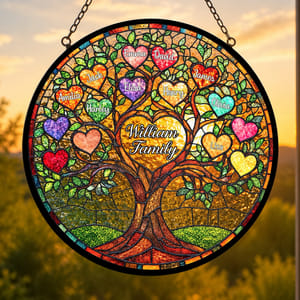 Personalized Family Tree of Life Stained Glass Suncatcher – Custom Family Names & Heart Leaves, Family Window Hanging Decor, Gift for Mom & Grandma