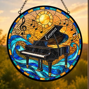 Personalized Stained Glass Piano Suncatcher - Custom Name Black Grand Piano