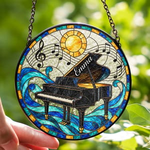 Personalized Stained Glass Piano Suncatcher - Custom Name Black Grand Piano