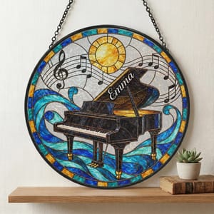 Personalized Stained Glass Piano Suncatcher - Custom Name Black Grand Piano