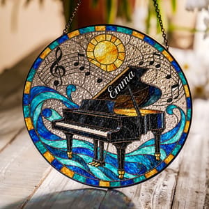Personalized Stained Glass Piano Suncatcher - Custom Name Black Grand Piano