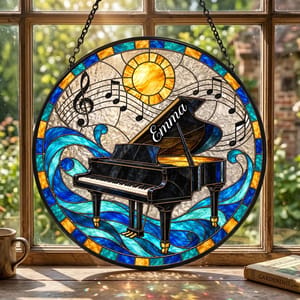 Personalized Stained Glass Piano Suncatcher - Custom Name Black Grand Piano