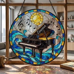 Personalized Stained Glass Piano Suncatcher - Custom Name Black Grand Piano