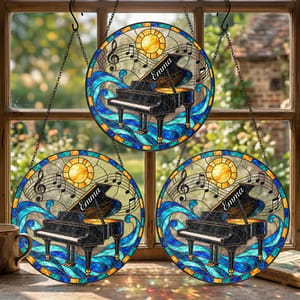 Personalized Stained Glass Piano Suncatcher - Custom Name Black Grand Piano